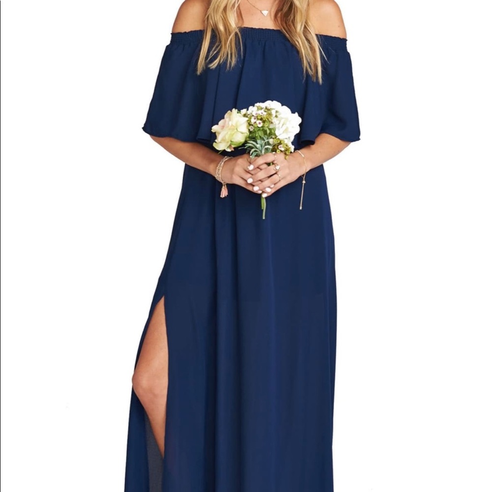 Show me your Mumu navy maxi over shoulder dress